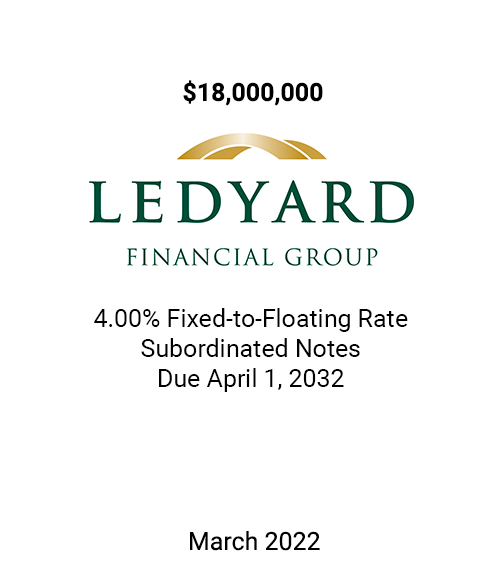 Griffin Serves As Exclusive Placement Agent to Ledyard Financial Group, Inc. in Its $18 Million Private Placement of Subordinated Notes